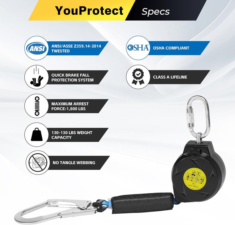 uProtect 11FT Self Retracting Lifeline Fall Protection Retractable Lanyard, Fall Arrest Safety Yoyo for Construction Industrial - OSHA/ANSI Compliant (Large Hook) - Image 3
